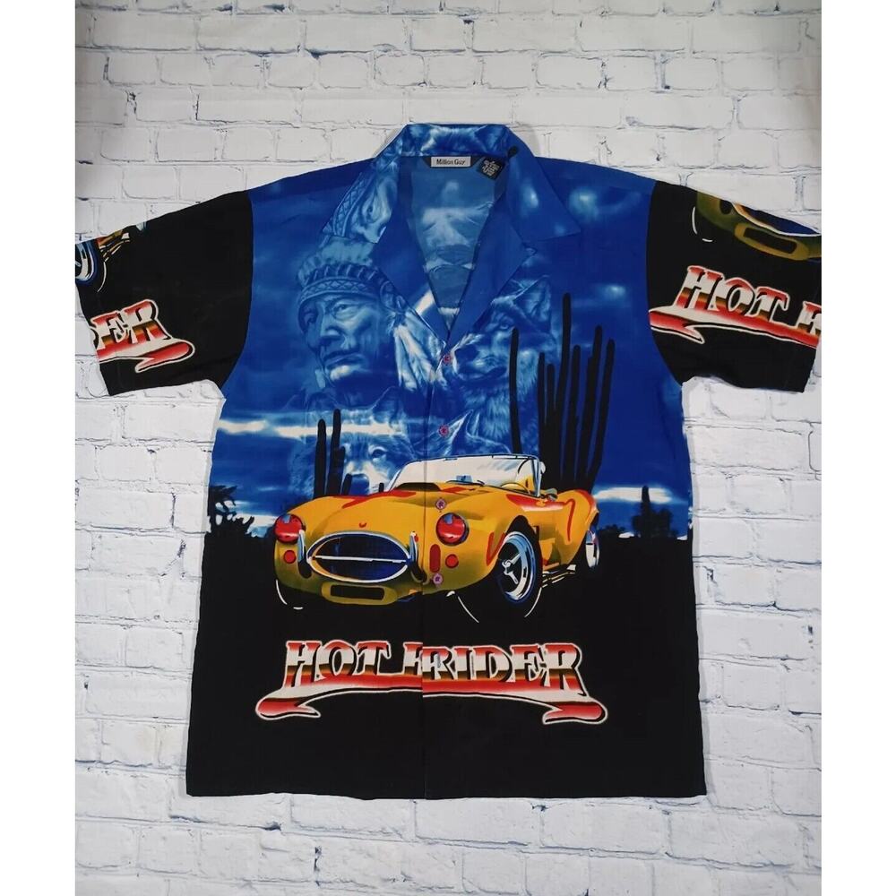 Million Guy Shirt Mens M Blue Yellow Button Up Hot Rider‎ Cars Wolf